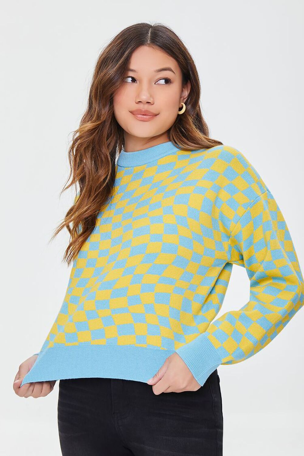YELLOW/BLUE Checkered Drop-Sleeve Sweater, image 1