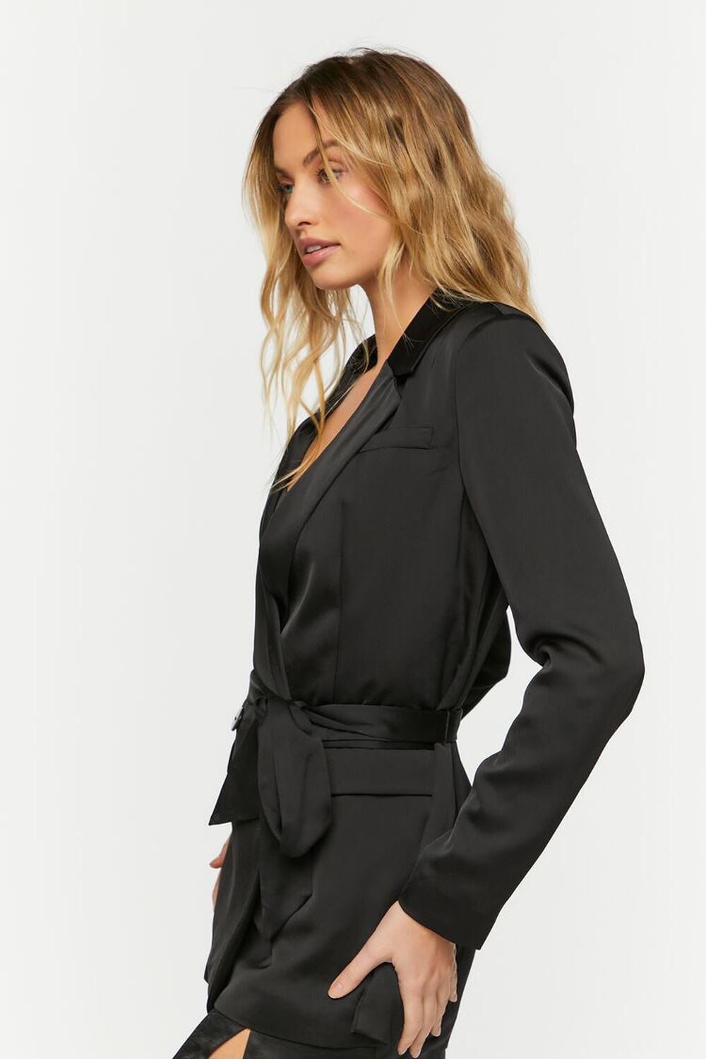 BLACK Satin Belted Double-Breasted Blazer, image 2