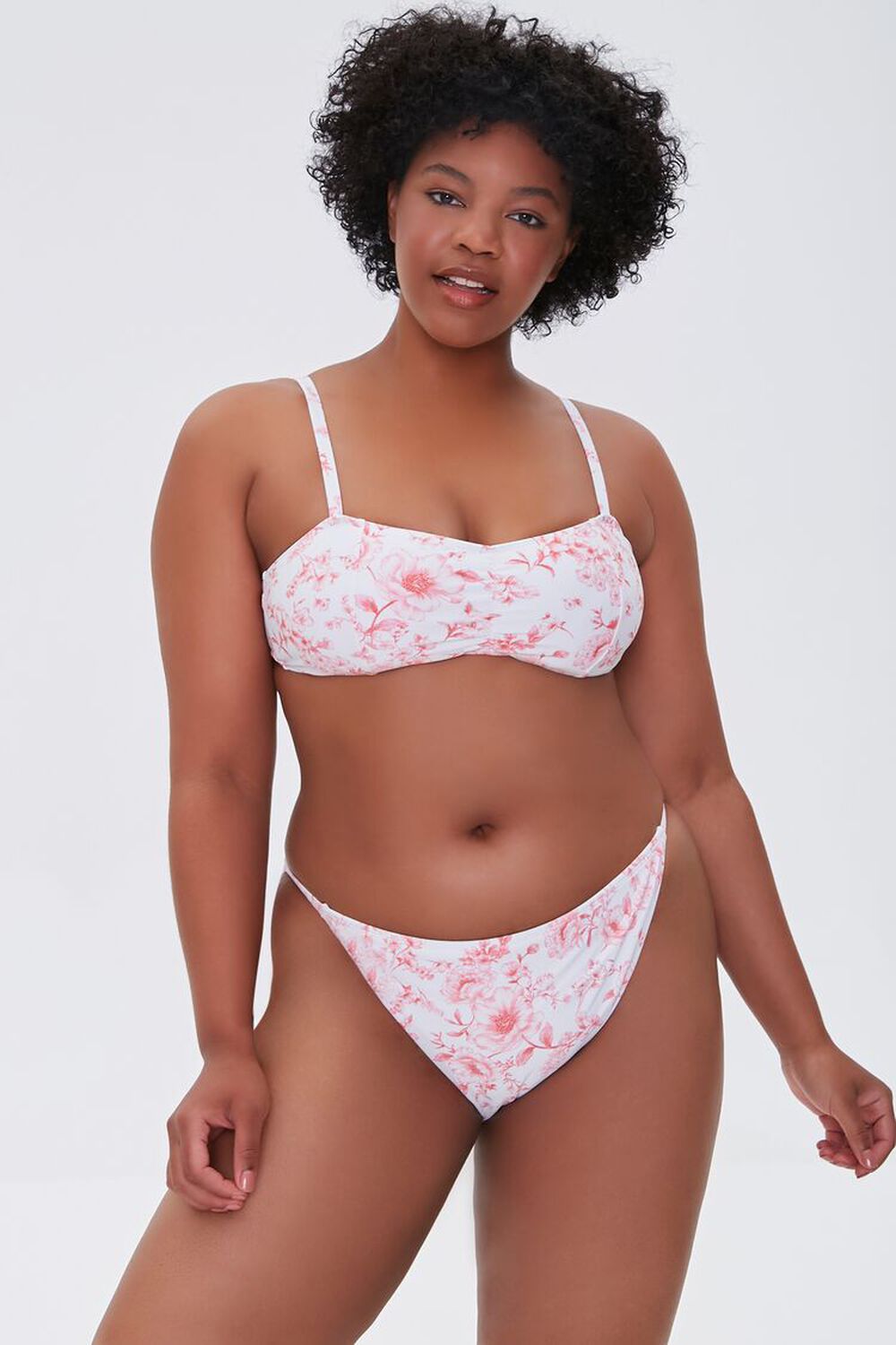 PINK/WHITE Plus Size Floral Print String Bikini Bottoms, image 1
