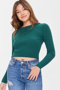 GREEN Ribbed Sweater-Knit Henley Top, image 1