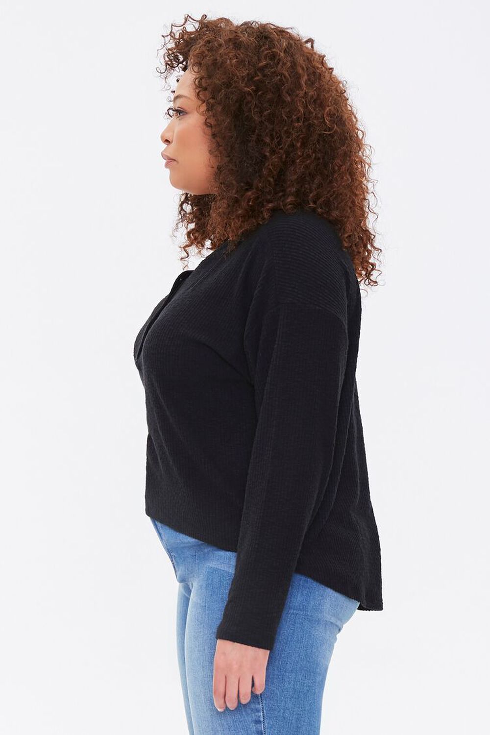 BLACK Plus Size Ribbed Henley Top, image 2