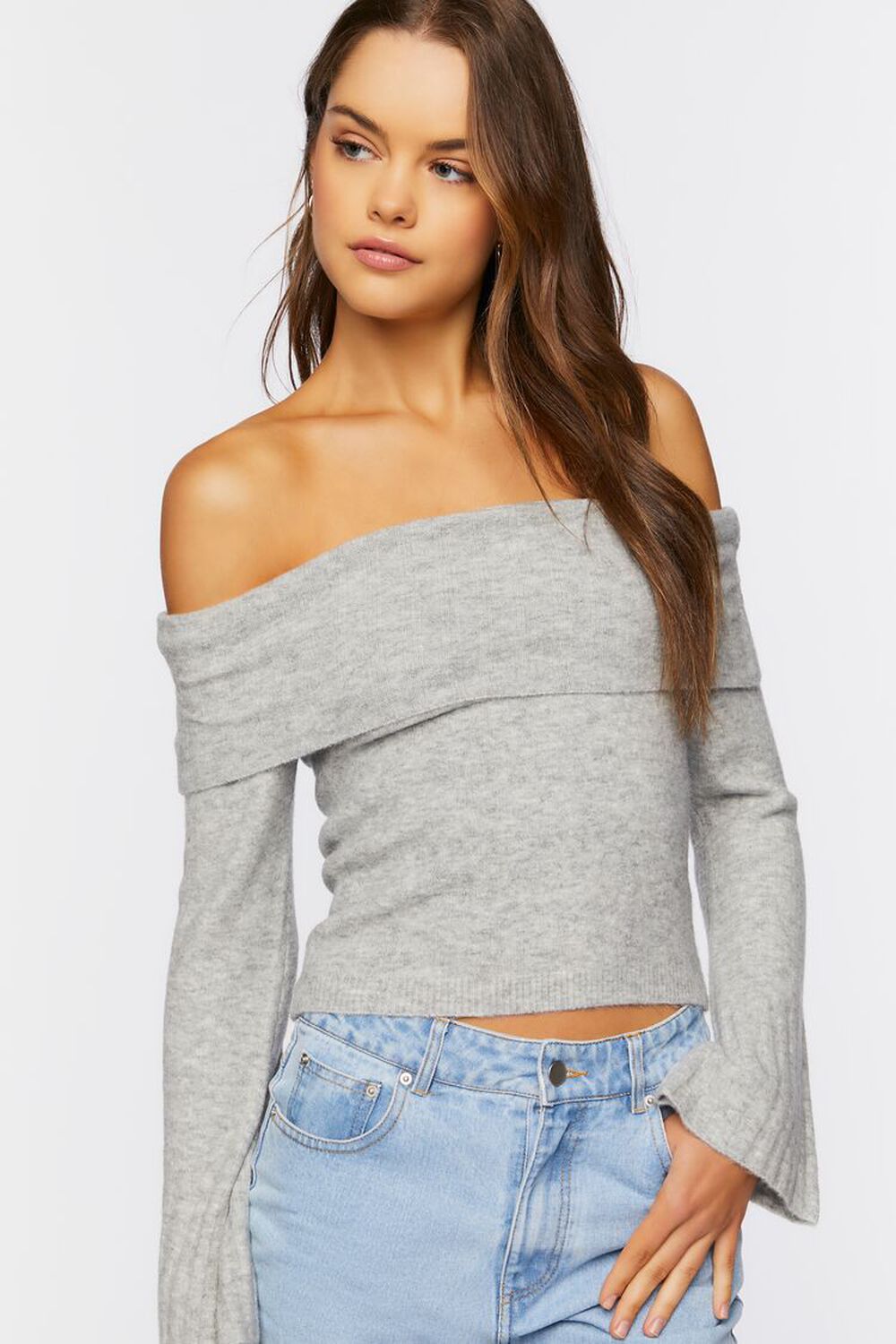 HEATHER GREY Off-the-Shoulder Cropped Sweater, image 1