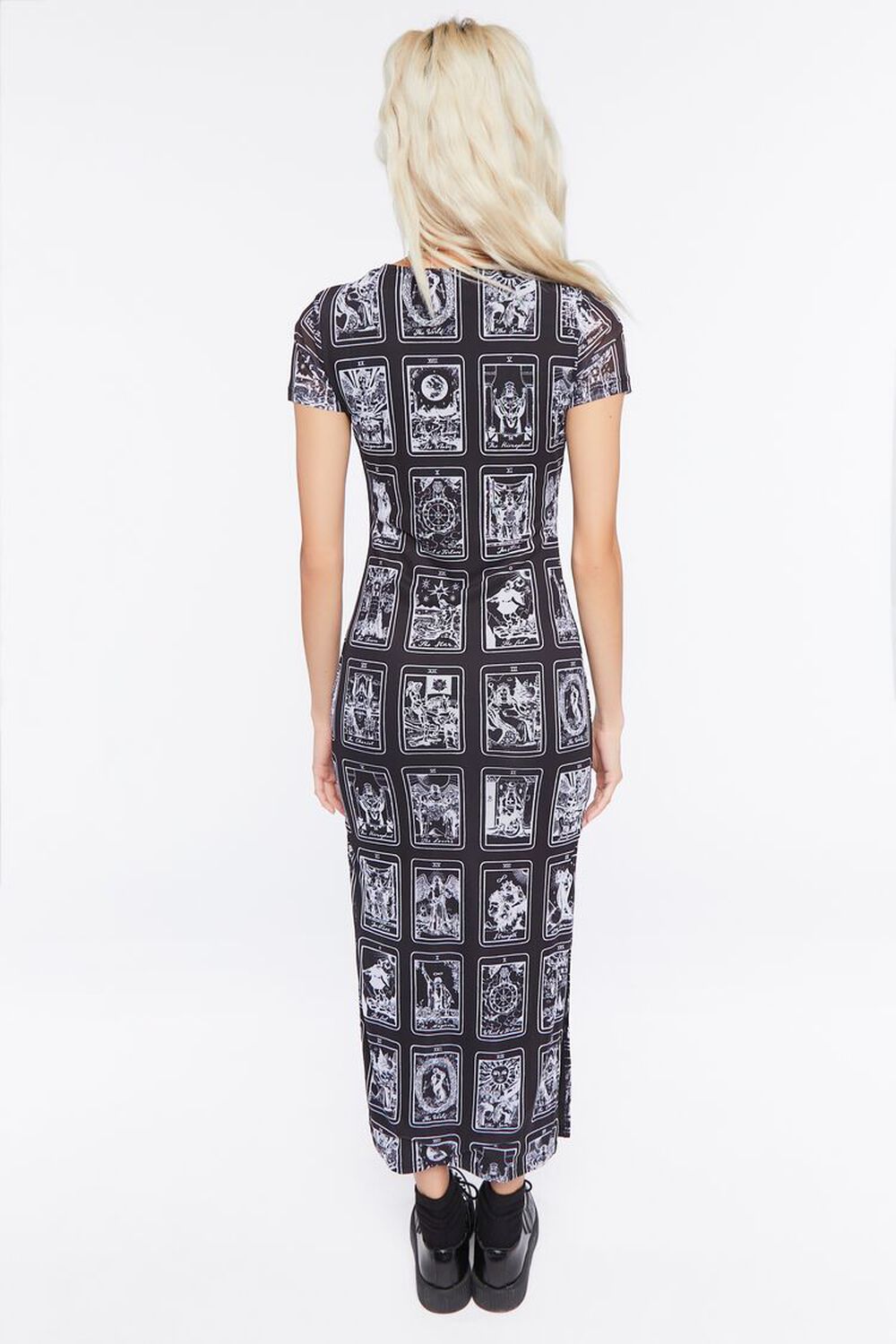 BLACK/MULTI Tarot Card Print Mesh Midi Dress, image 3