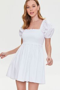 WHITE Smocked Puff Sleeve Mini Dress, image 1