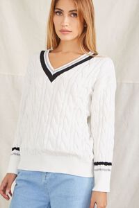 CREAM/BLACK Striped-Trim Cable Knit Sweater, image 2