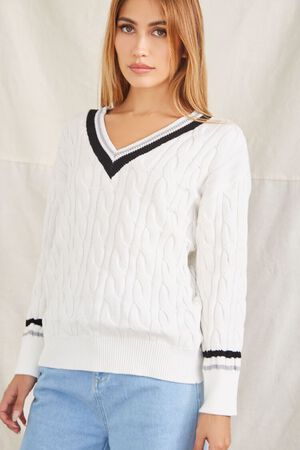 Striped-Trim Cable Knit Sweater