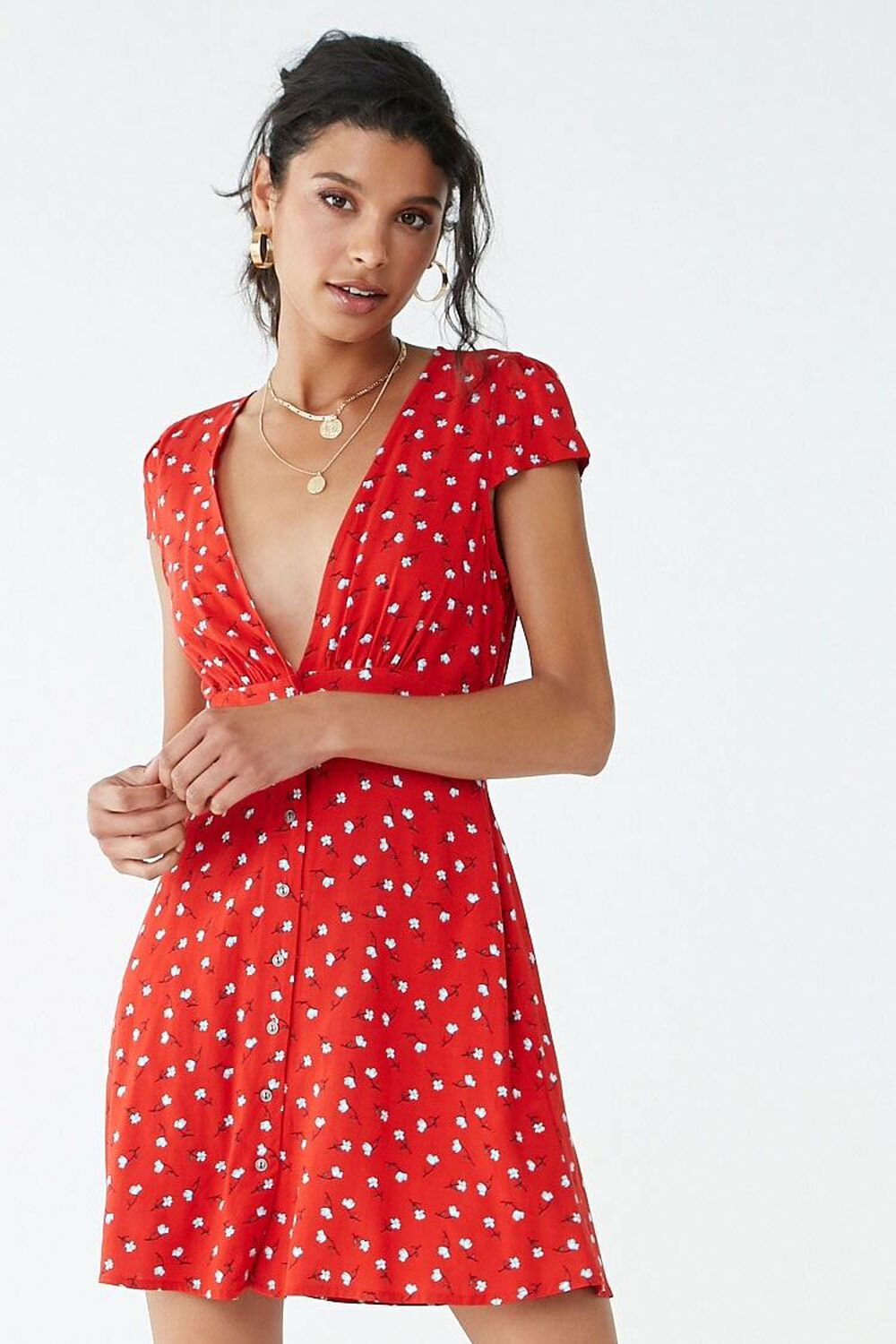 RED/BLUE Floral Print Button-Down Dress, image 1