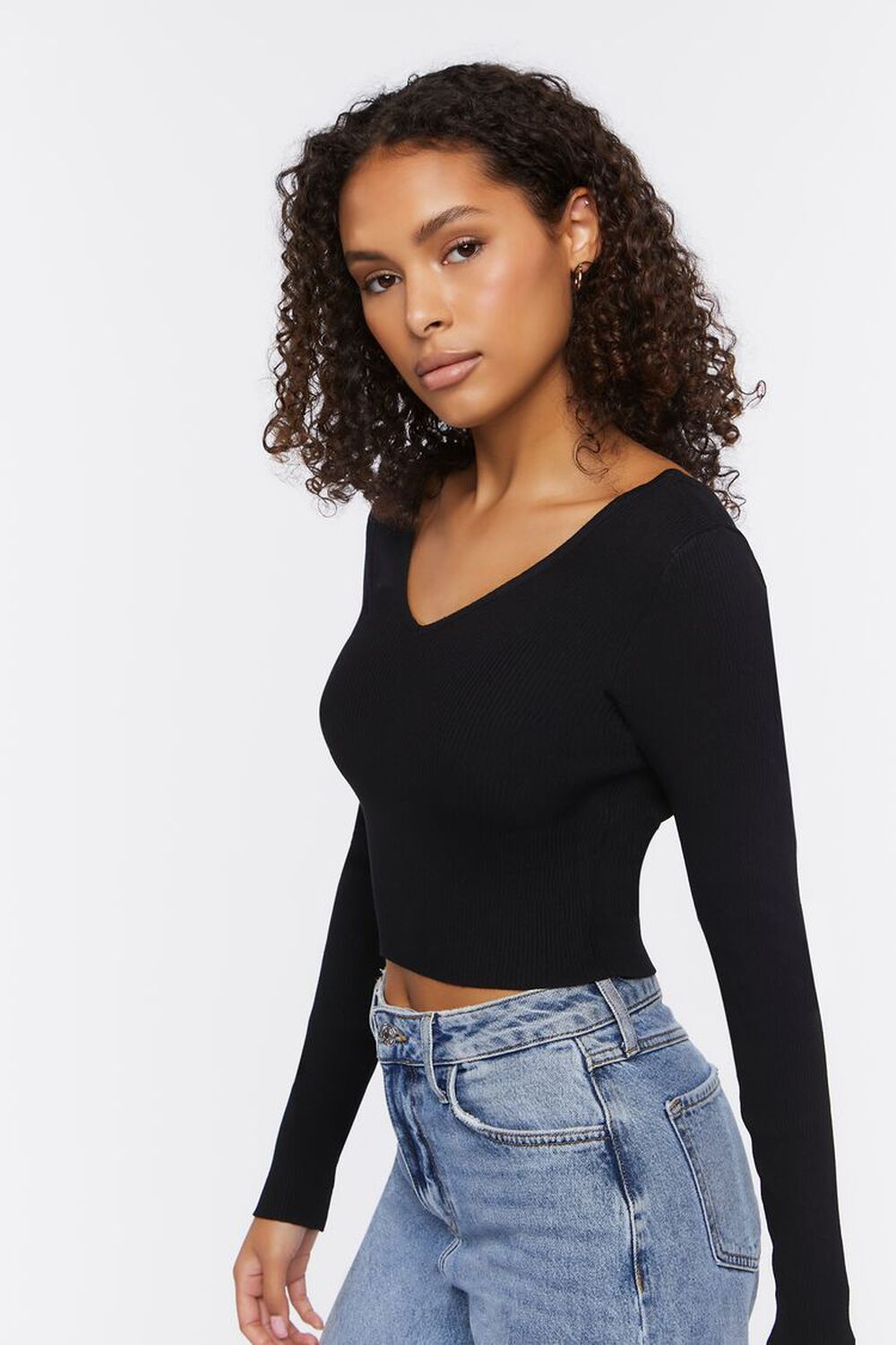 BLACK Ribbed Cropped Fitted Sweater, image 2