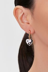 GOLD/BLACK Yin-Yang Heart Pendant Hoop Earrings, image 1