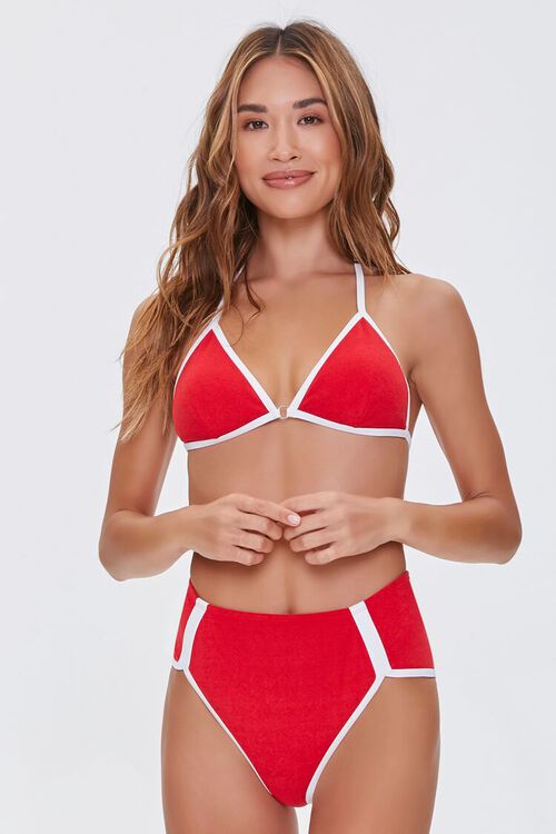 RED/WHITE Contrast-Trim High-Waist Bikini Bottoms, image 1