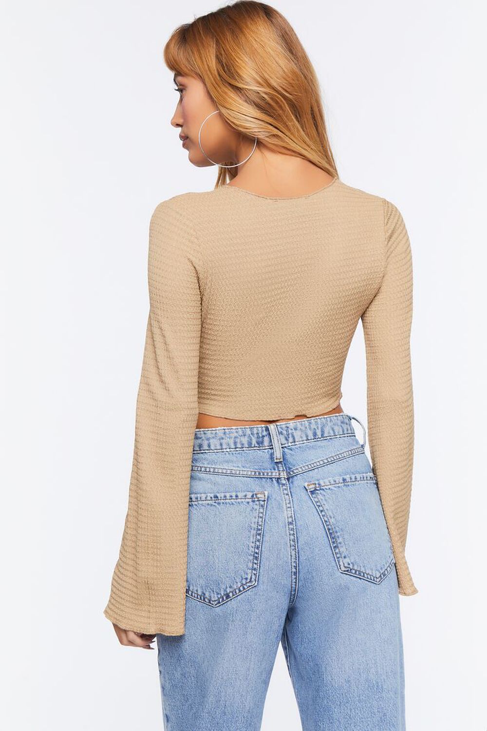 TAUPE Plunging Bell Sleeve Crop Top, image 3