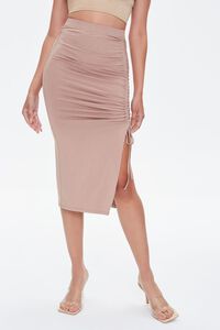 TAUPE Ruched Drawstring Bodycon Midi Skirt, image 2