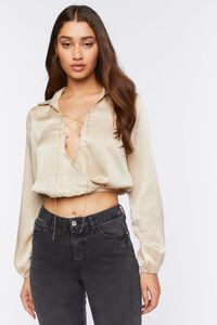 TAUPE Satin Lace-Up Chain Crop Top, image 1