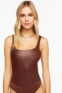 BROWN Faux Leather Cami Bodysuit, image 5