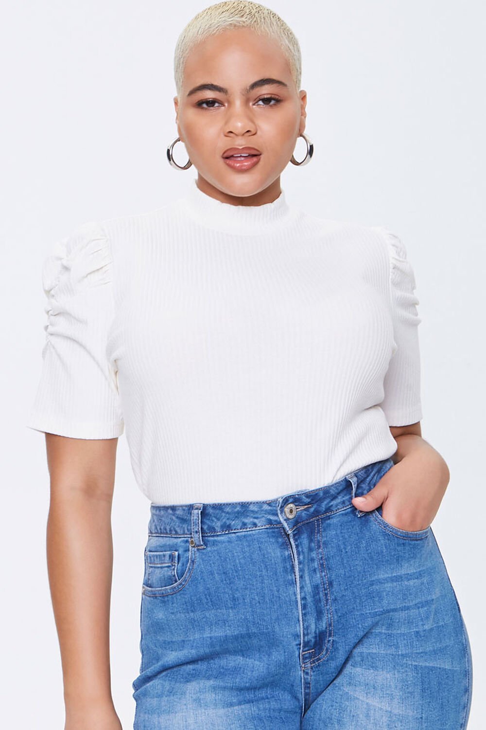 IVORY Plus Size Ribbed Puff-Sleeve Top, image 1