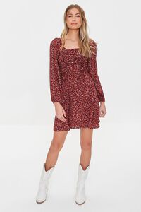 BURGUNDY/MULTI Ditsy Floral Ruched Mini Dress, image 4
