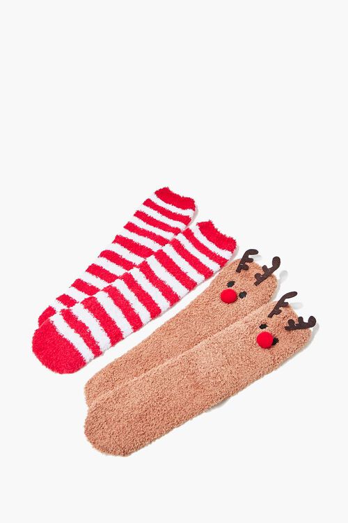 BROWN/MULTI Reindeer Plush Crew Sock Set - 2 pack, image 2