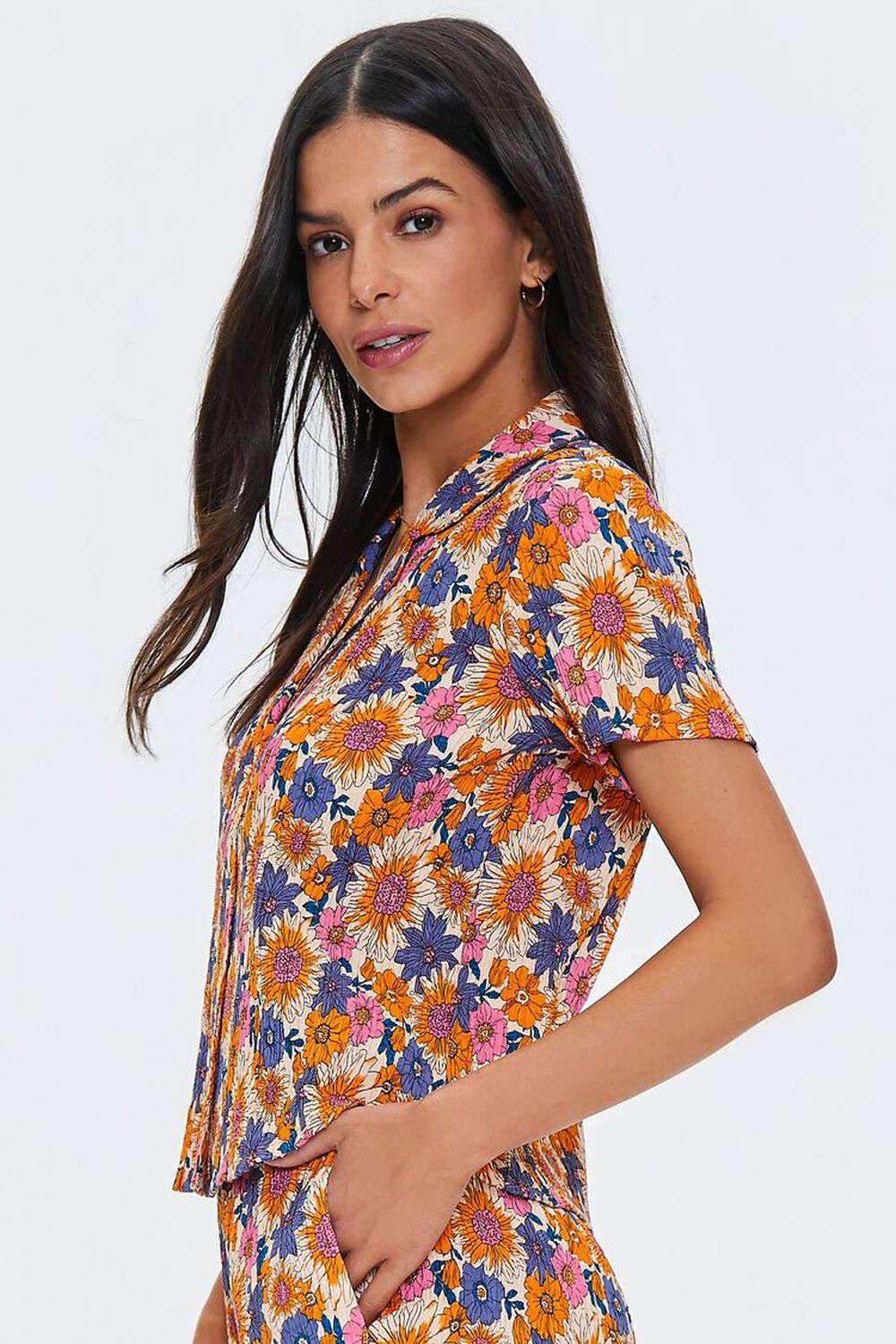 ORANGE/MULTI Pleated Floral Print Shirt, image 2