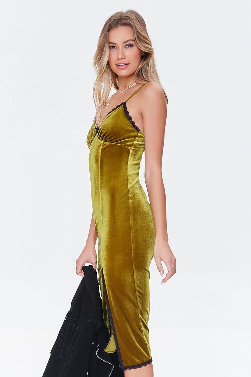 GOLD Velvet Lace-Trim Midi Dress, image 3