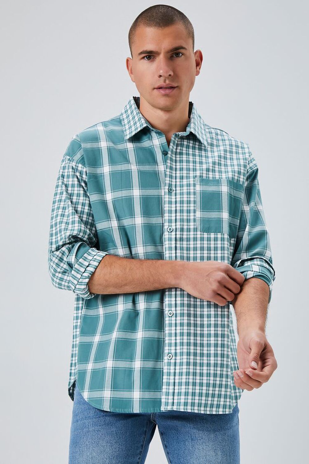 GREEN/WHITE Reworked Plaid Button-Front Shirt, image 1