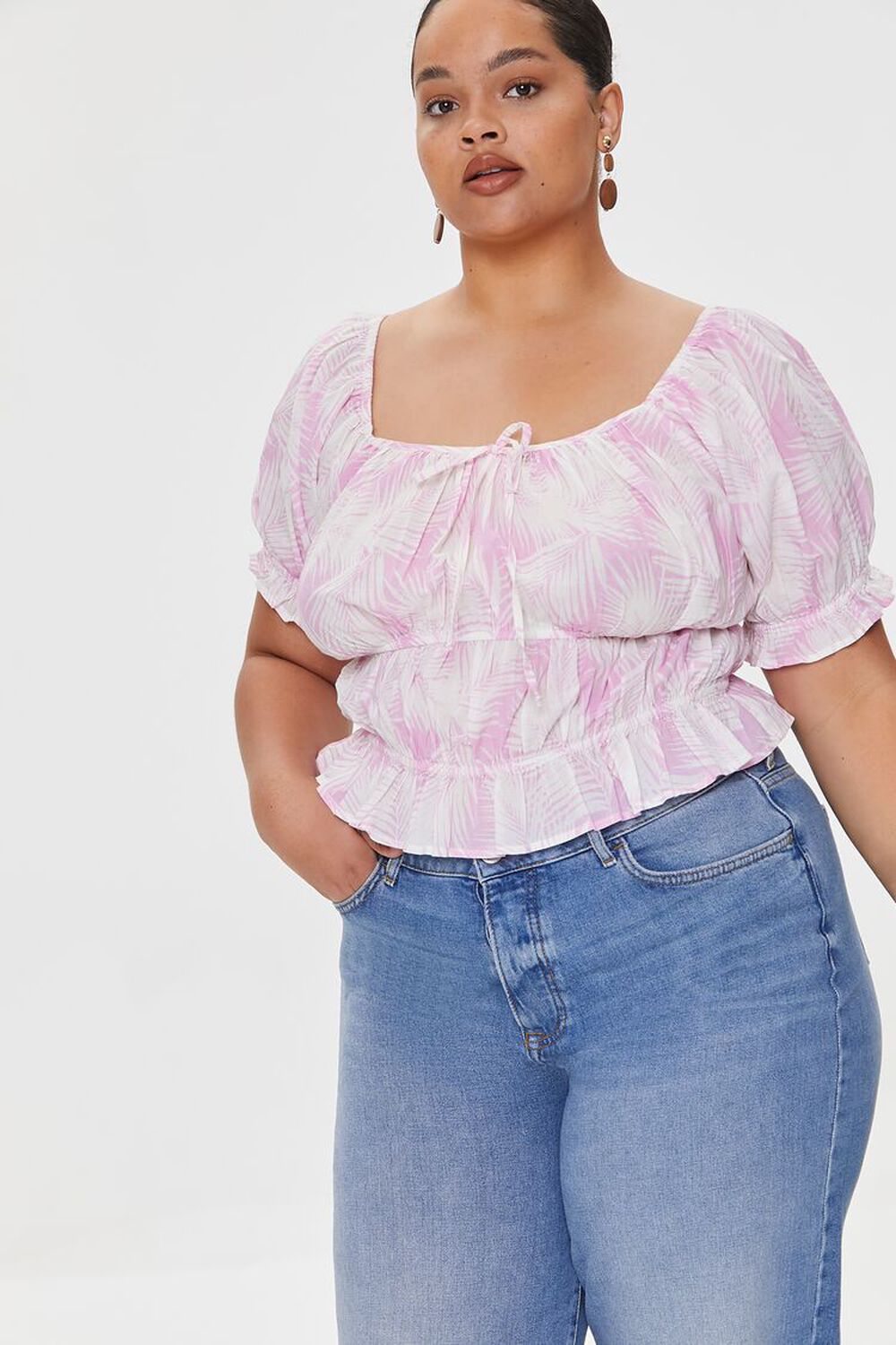PINK/WHITE Plus Size Tropical Leaf Print Top, image 1