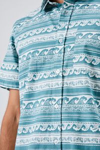 WHITE/GREEN Wave Print Button-Front Shirt, image 5