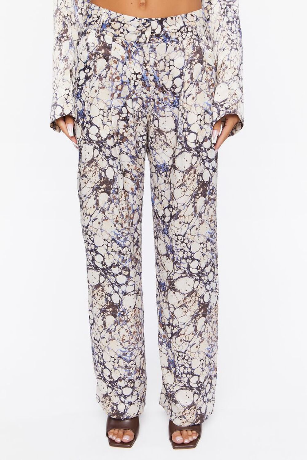 CREAM/MULTI Abstract Marble Print Trouser Pants, image 2