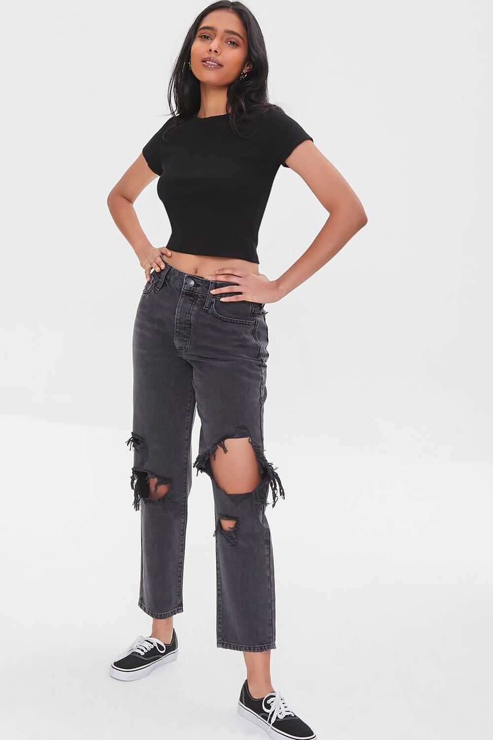 WASHED BLACK Distressed Mom Jeans, image 1