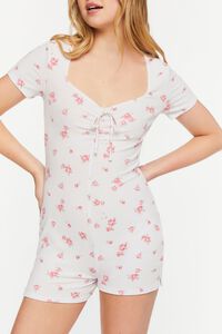 WHITE/PINK Rose Print Ruched Lounge Romper, image 6