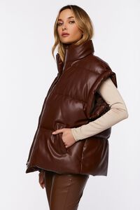 BROWN Faux Leather Zip-Up Puffer Vest, image 2
