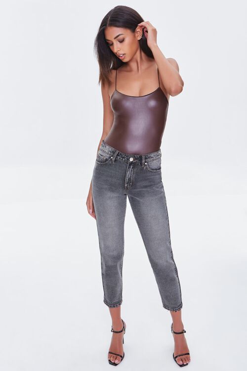 BROWN Faux Leather Cami Bodysuit, image 4