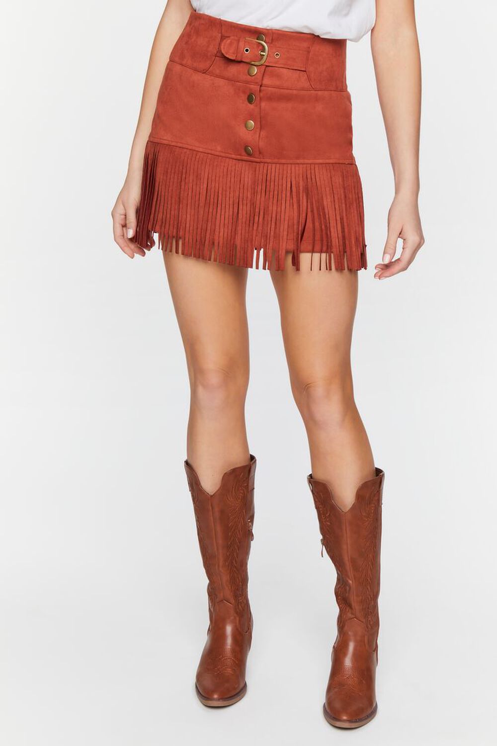 BROWN Belted Faux Suede Fringe Mini Skirt, image 2