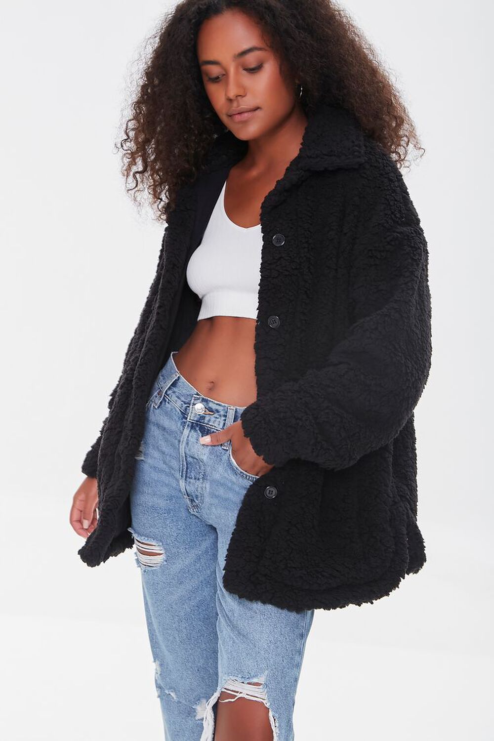 BLACK Faux Shearling Button-Front Jacket, image 1