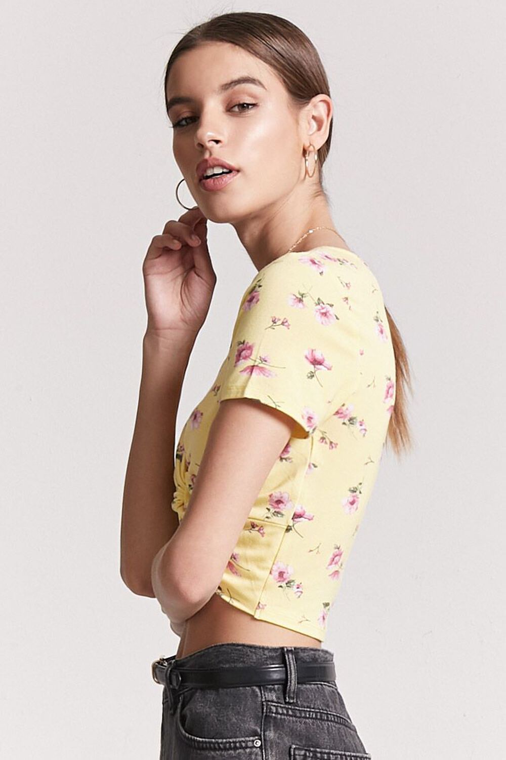 YELLOW/PINK Floral Twist-Front Crop Top, image 2