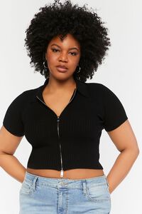 Plus Size Ribbed Knit Zip-Up Top, image 1