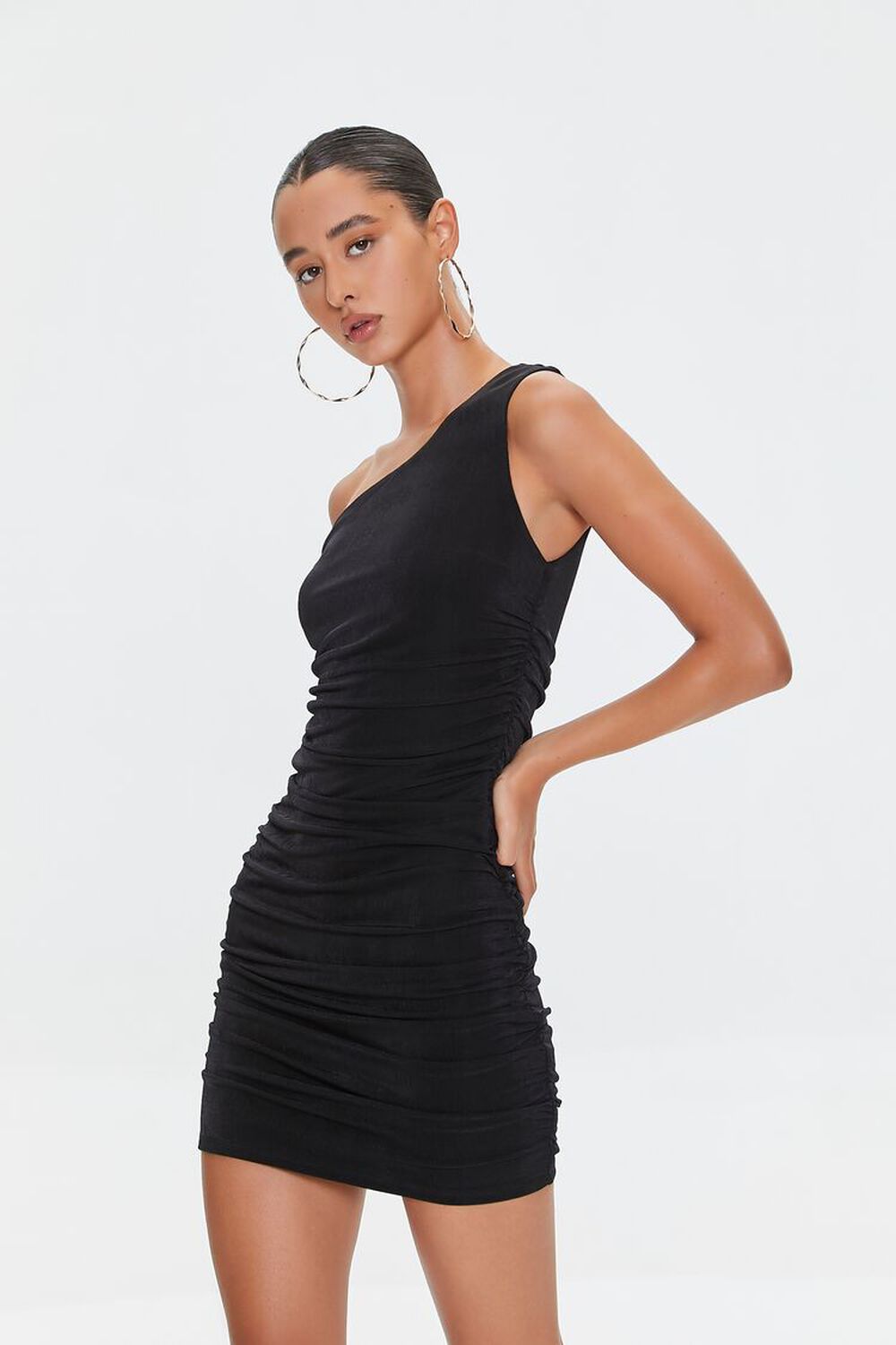 BLACK Ruched One-Shoulder Mini Dress, image 1