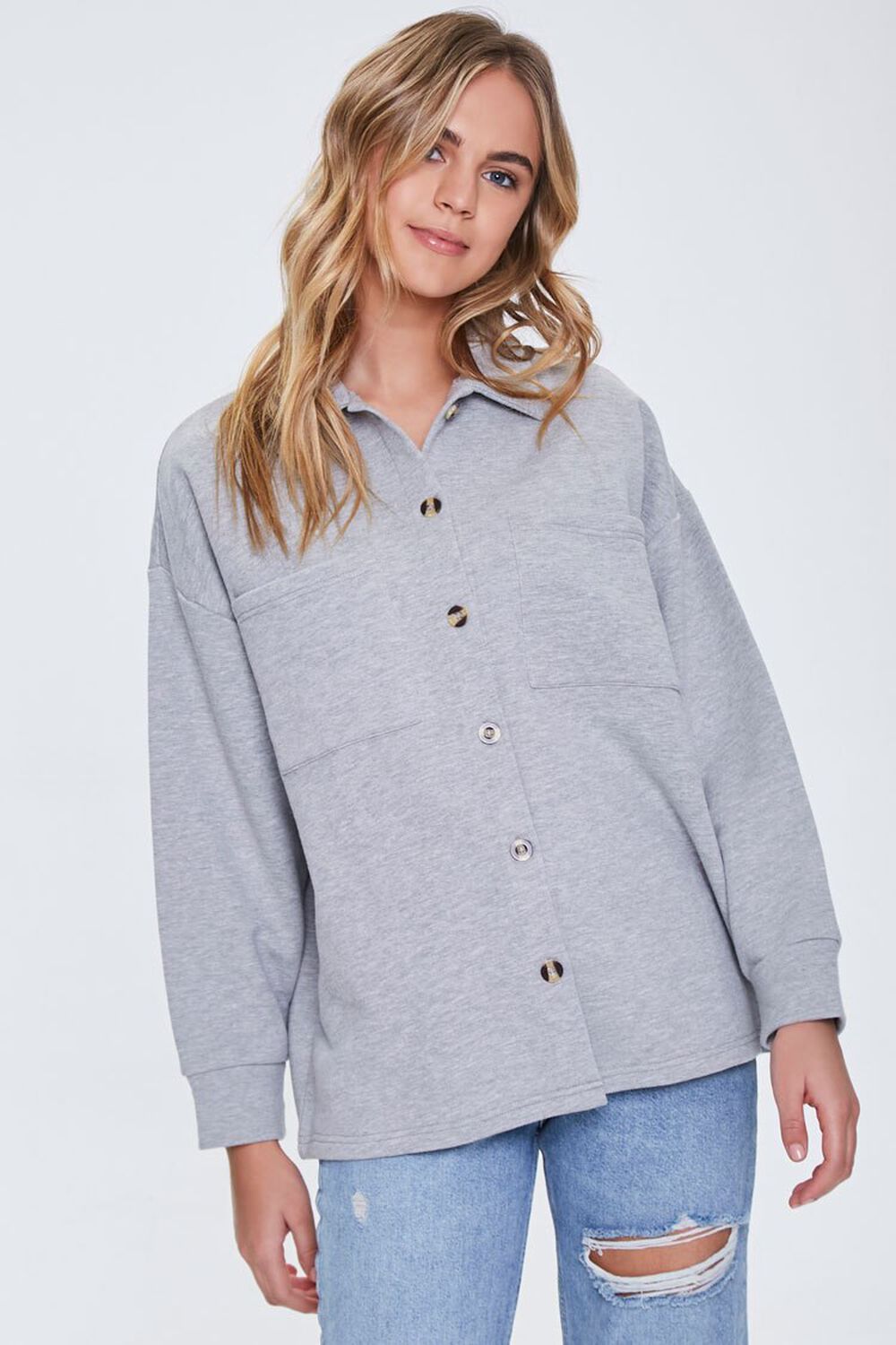 HEATHER GREY French Terry Patch-Pocket Shacket, image 1