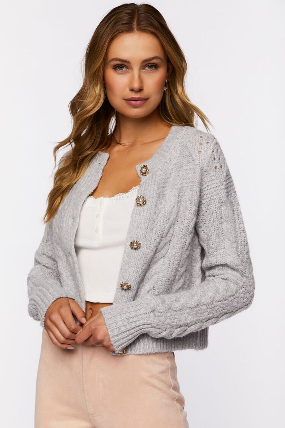 HEATHER GREY Faux Pearl-Button Cardigan Sweater, image 1