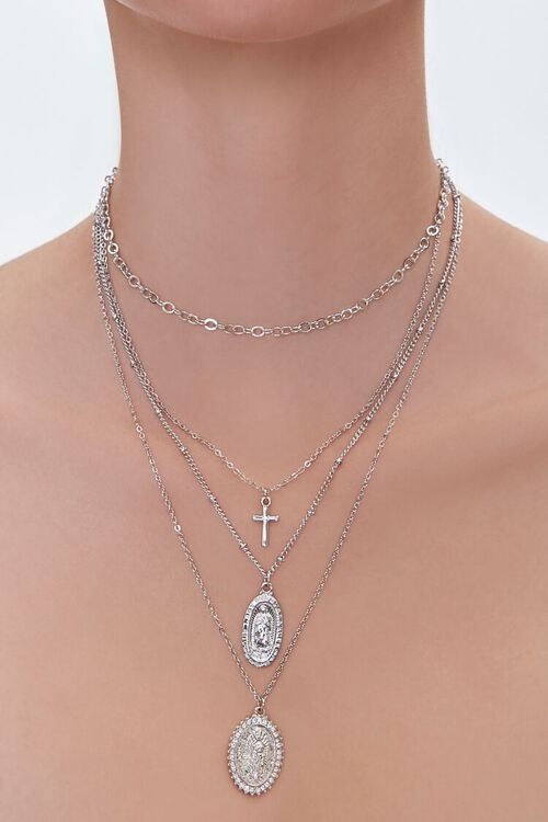 SILVER Cross Pendant Layered Chain Necklace, image 1