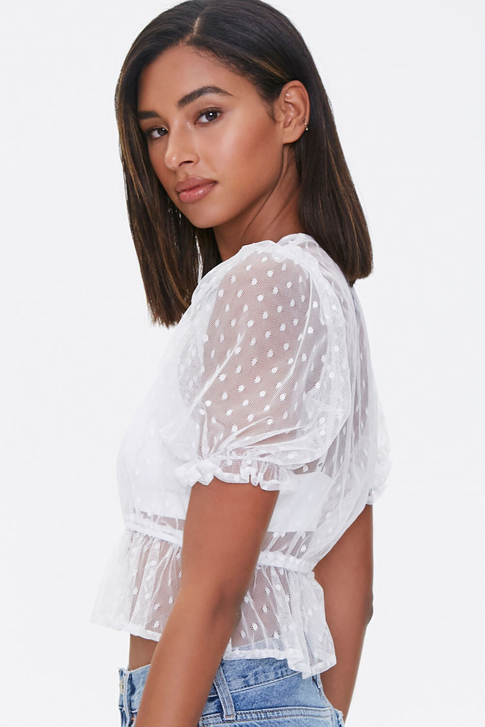 IVORY Sheer Dotted Mesh Crop Top, image 2