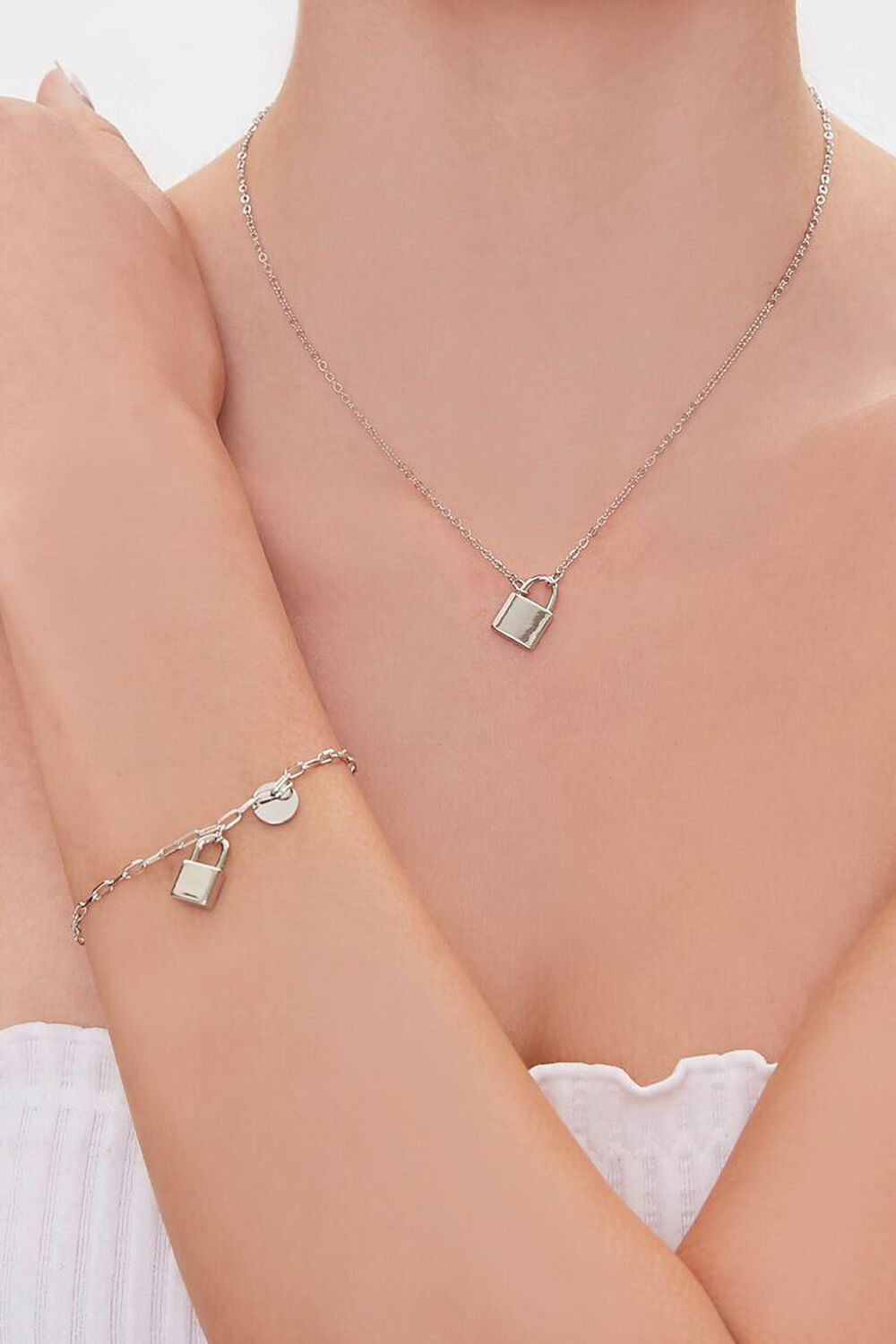 SILVER Lock Charm Necklace & Bracelet Set, image 1