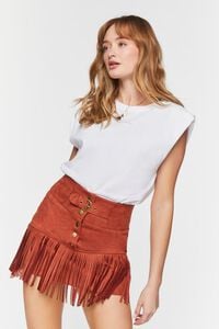 BROWN Belted Faux Suede Fringe Mini Skirt, image 1
