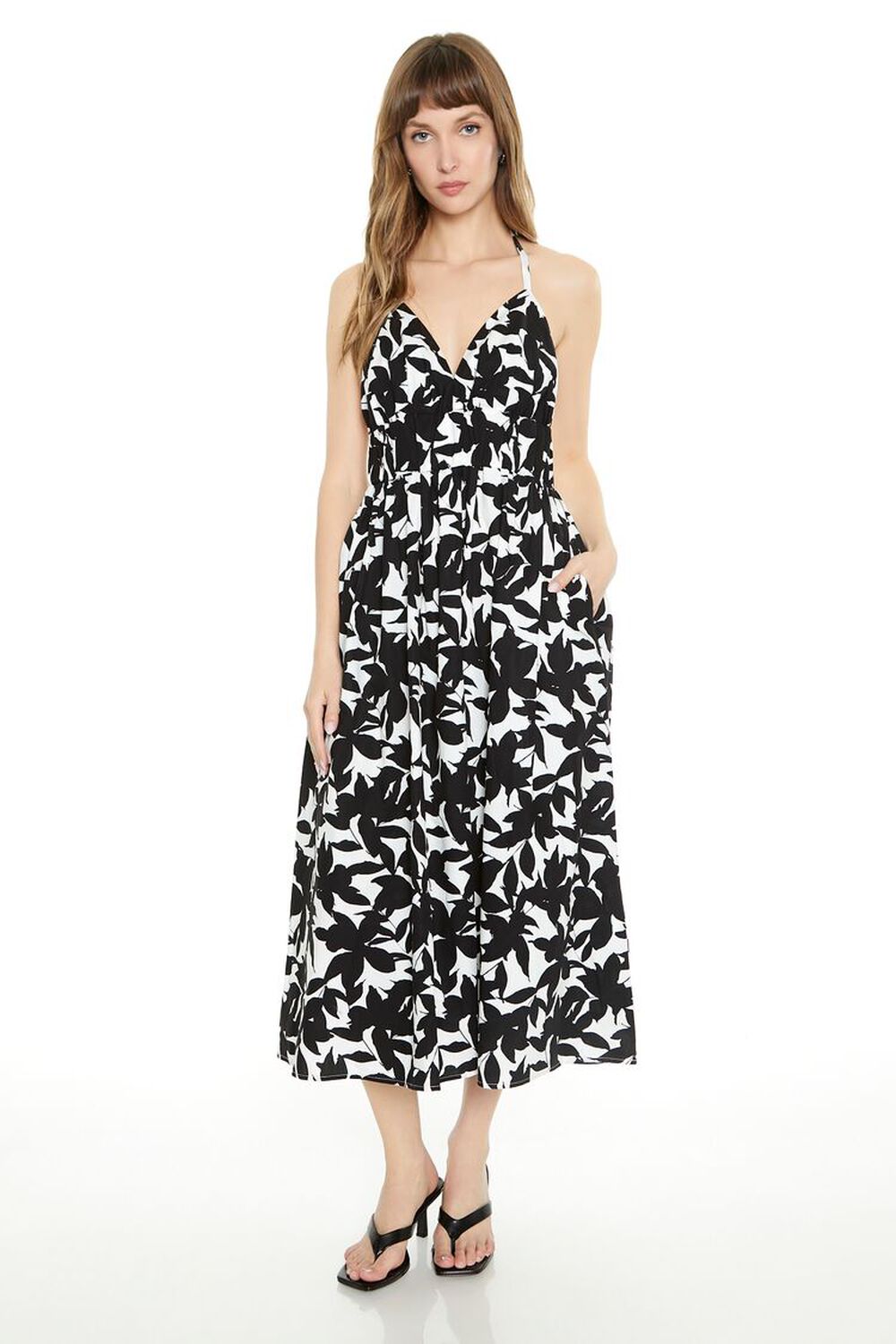 BLACK/WHITE Floral Print Halter Midi Dress, image 1