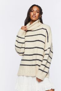 CREAM/GREY Striped Turtleneck Sweater, image 1