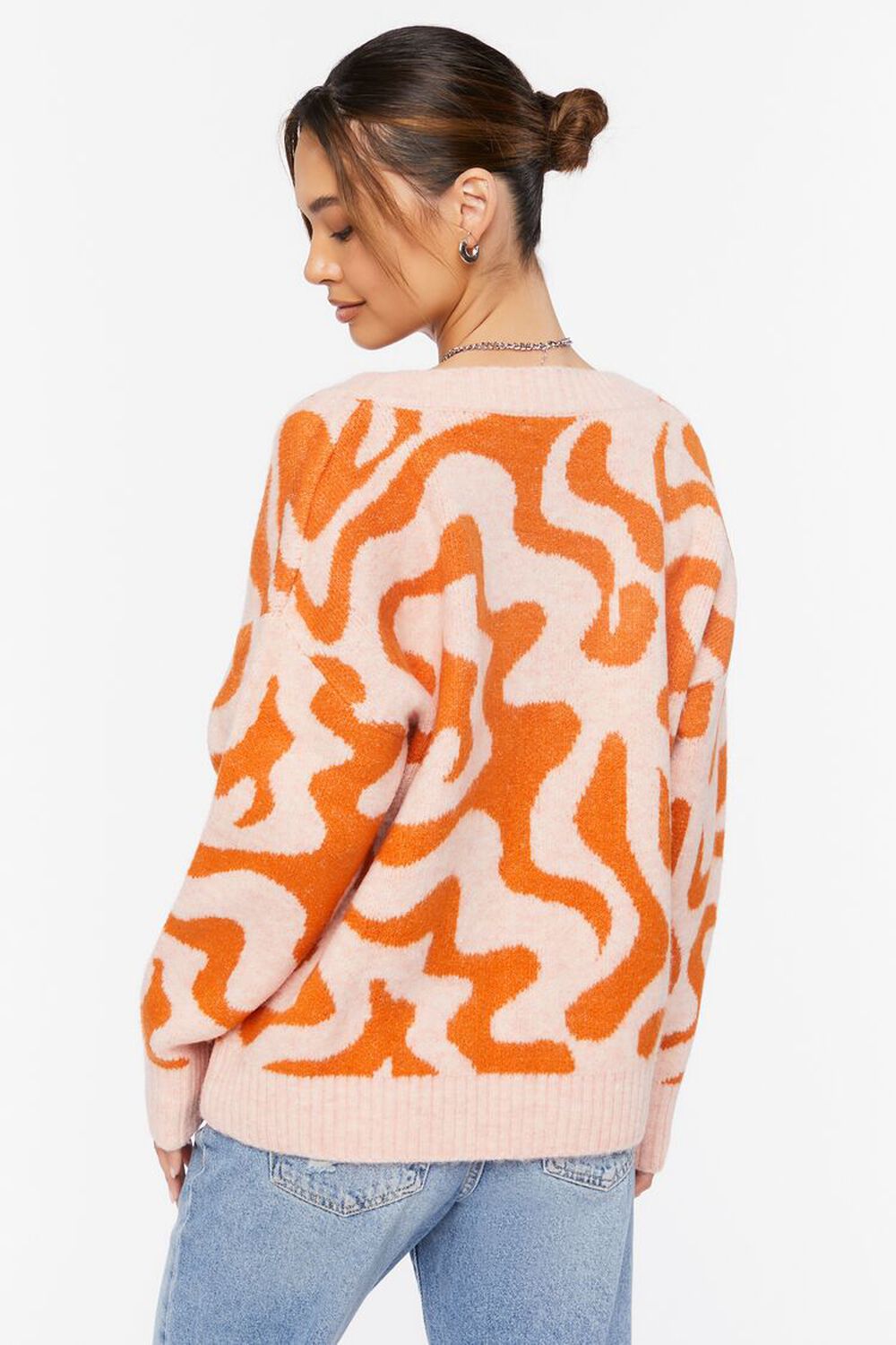 PINK/ORANGE Abstract Print V-Neck Sweater, image 3