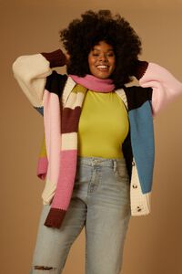 BUBBLE GUM/MULTI Plus Size Chunky Colorblock Cardigan Sweater, image 2