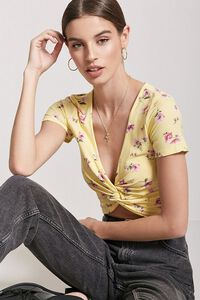 YELLOW/PINK Floral Twist-Front Crop Top, image 1