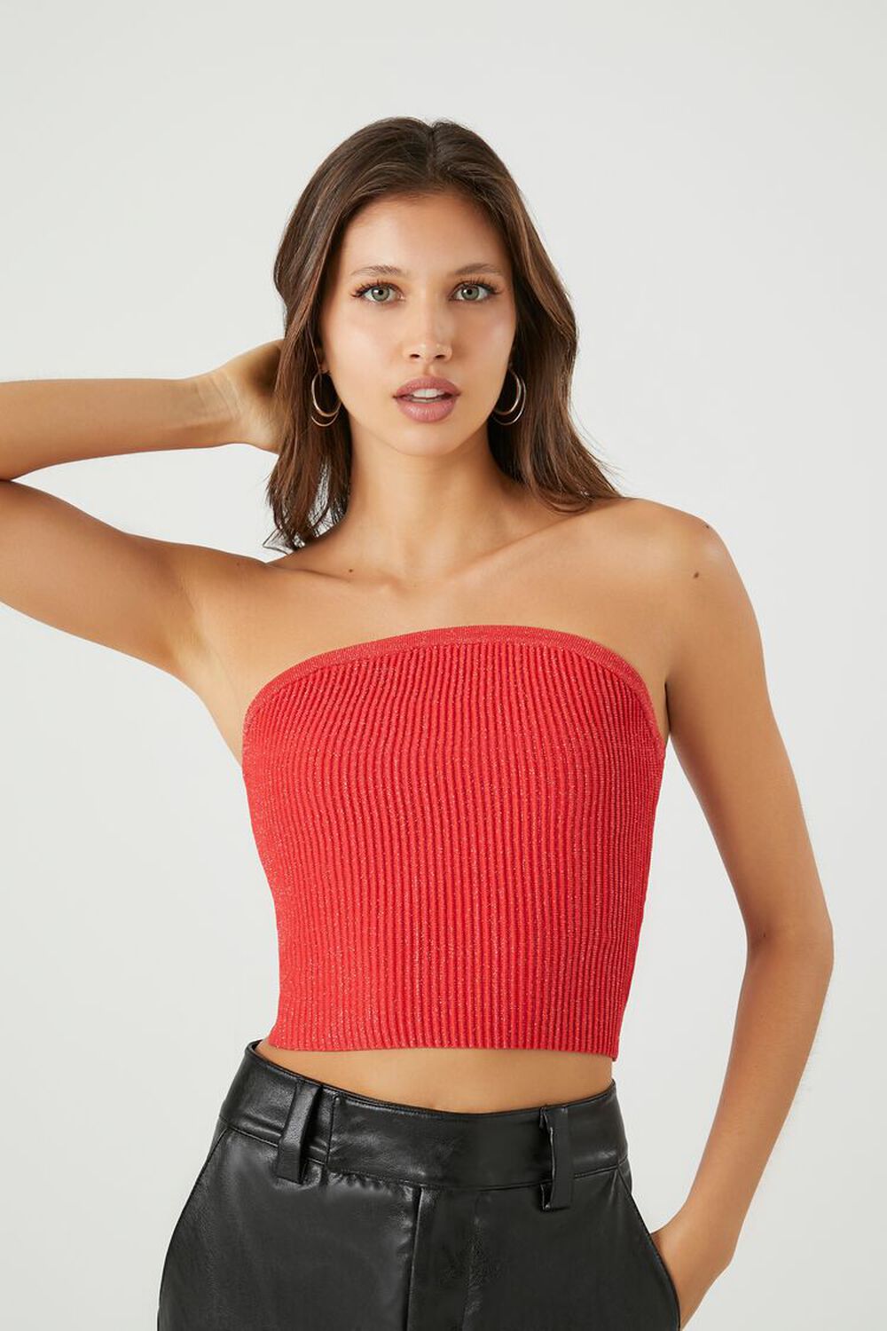 RED Cropped Sweater-Knit Tube Top, image 1