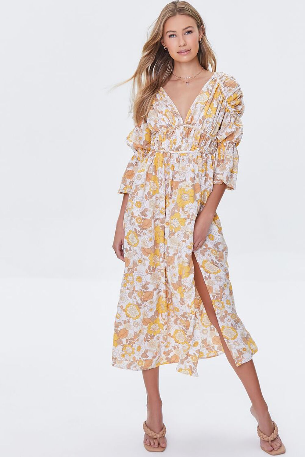 WHITE/MULTI Floral Print Bell Sleeve Dress, image 1