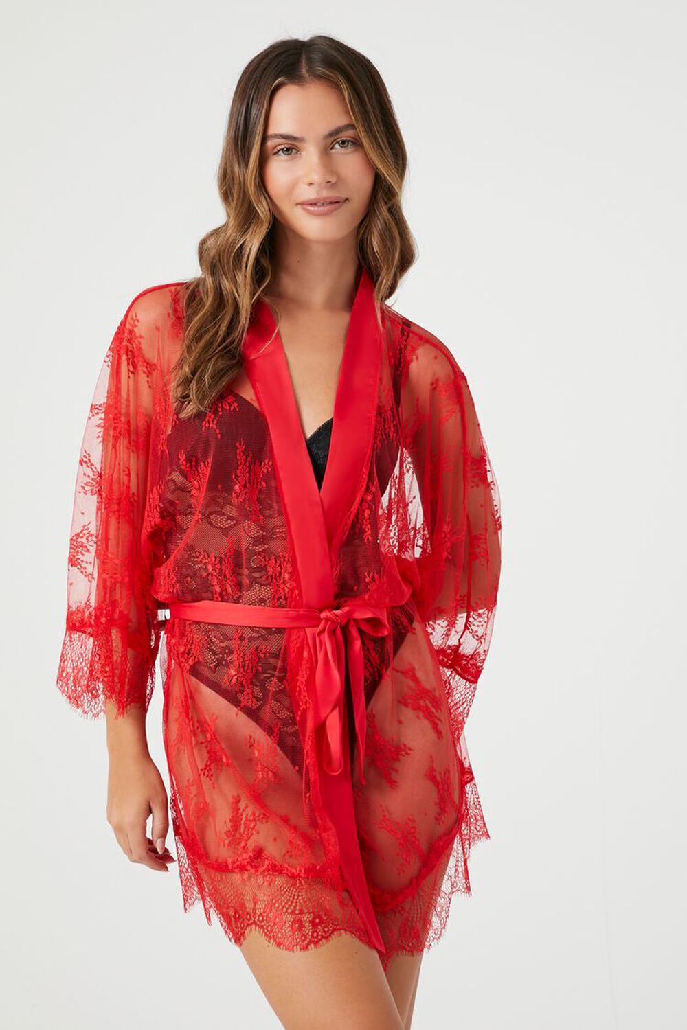 FIERY RED Sheer Lace Lingerie Robe, image 1